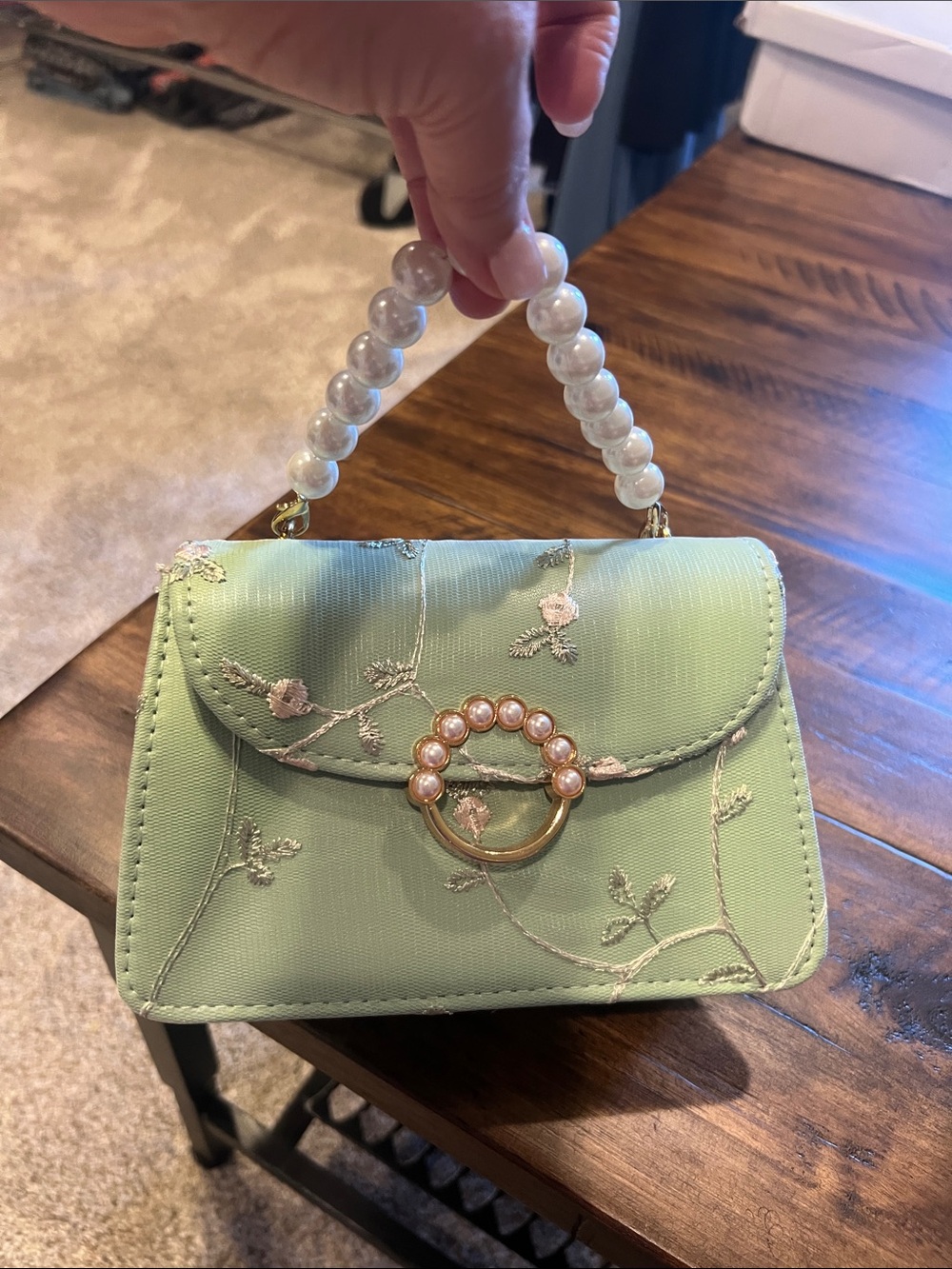 SHEIN Light Green Pearl-Handle Embroidered Mini Top-Handle Bag